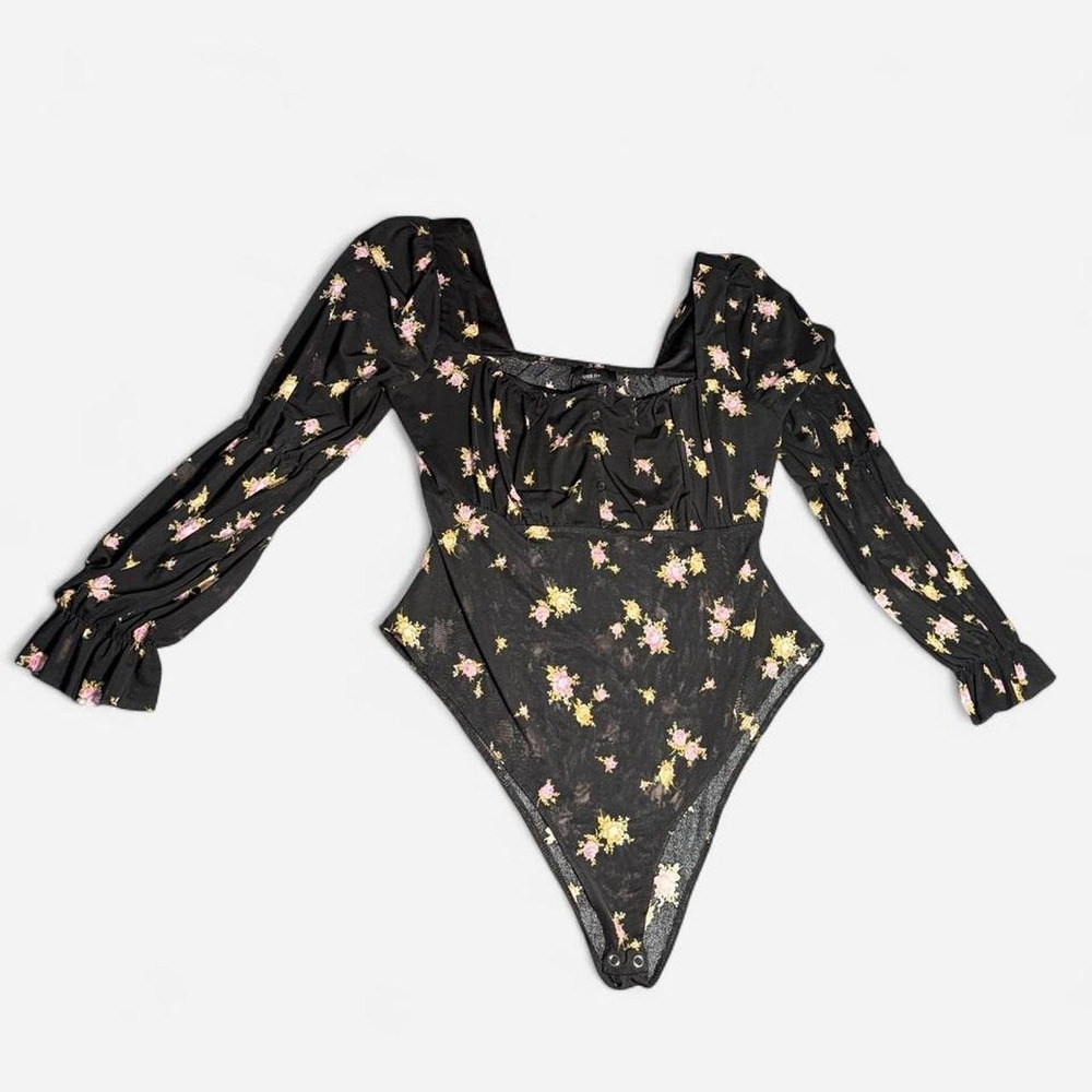 Forever 21+ Floral Mesh Bodysuit Women 1X Black Puff Sleeve Sheer